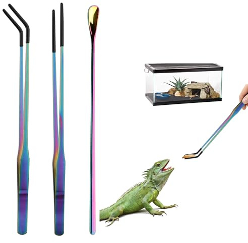 Voushtar 3-Pack Reptile Feeding Tongs Set with Spoon – 10.6 Stainless Steel Straight & Curved Tweezers with Soft Rubber Tips for Snakes, Lizards, Bearded Dragons, Geckos, Crickets & Worms