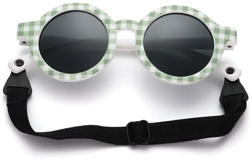 LOJUDI Lunette Soleil Bebe 0-36 Mois - Polarisées avec Cordon Réglable Cadre TPEE Motifs Imprimés Lunettes de Soleil Bébé 0 a 3 Ans Enfant Garçon Fille Protection UV400 - Vert/Noir