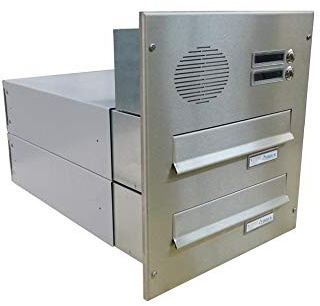 B-042 Cassetta postale 2 posti passante a muro in acciaio inox con 2 campanelli e citofono (profondità: 39-62 cm) - LETTERBOX24.de