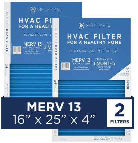 Medify Air 16x25x4 Filter - MERV 13 HEPA Air Cleaning (2-Pack) - Pleated HVAC AC Furnace Air Filters Replacement - Actual Size: 15.67 x 24.6 x 4.29 Inches (MERV 13, 2-Pack)