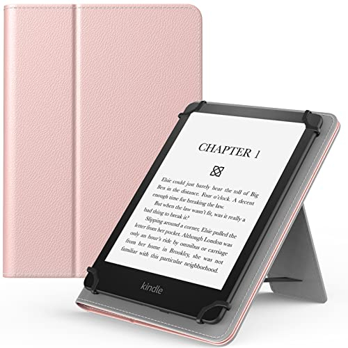 MoKo Universal Case for 6,6.8,7 eReaders Fire Tablet, Kindle/Kobo/Voyaga/Sony E-Book Tablet, PU Folio Lightweight Slim Cover Case, with Hand Strap/Kickstand, Rose Gold
