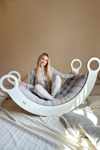 Kletterbogen ab 2 Jahr, Groß Bogenwippe für Kinder und Erwachsene, Holzwippe XXL Montessori mit oder ohne Kissen, Wippe aus Holz XL, 150x60x75 cm (Graues Kissen, Weiß)