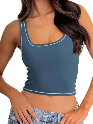 Danysu Women Rib Tank Top Padded Square Neck Crop Tank Fit Basic Cami Tops | Summer Top, Cami Tops for Women, Workouts, Y2K, Party, Going Out Vest Top