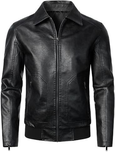 HOOD CREW Mens Faux Leather Bomber Jacket Classic Style Motorcycle Jackets Black M