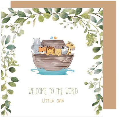 Edition Seidel Tarjeta de felicitación de nacimiento cuadrada de alta calidad con sobre, tarjeta de bebé con texto en inglés Hello Baby Boy Girl Ark Animals Little One (EQ114 SW024)