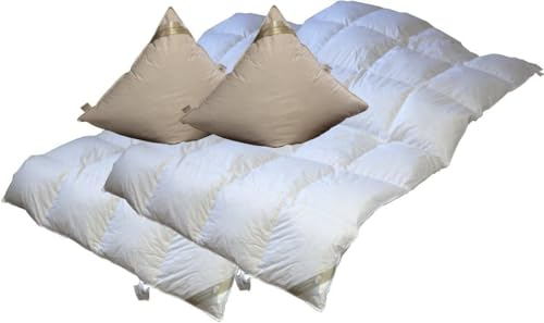 Betten Hofmann 2 Stück Set leichte Kassetten Daunendecke 4x6, 155x220 cm + Kissen 80x80 cm Doppelpack, Ganzjahresdecken mit Kissen, 4-teilig, waschbar, Daunenbett, 100% Natur