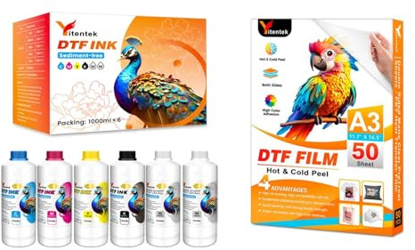 Yitentek DTF Ink & Film Set - 6000ML No Sediment DTF Transfer Ink for PET Film DTF Transfer Film A3 (11.7 x 16.5) 50 Sheets, Double Sided Matte Clear PreTreat Sheets
