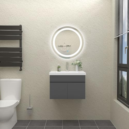 HAPAOSO Ensemble de Ensemble Meuble Salle de Bain avec lavabo + Meuble sous Vasque（2 Portes）+ Miroir LED Rond 60cm, Couleur Anthracite