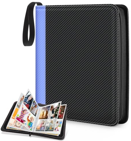 CLOKORIA Álbum para Cartas Coleccionables,Álbum para Cartas de 4 Bolsillos, 55 Páginas Pueden Contener 440 Tarjetas,Carpeta de Tarjetas de PU Impermeable (Costuras azules y negras, 440 Bolsillos)