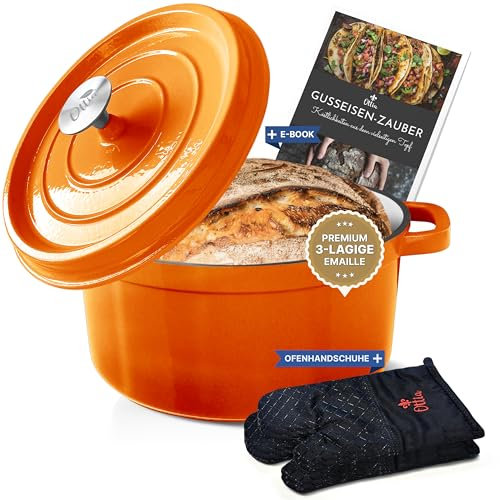 Ottia Gusseisen Topf Emaille mit Ofen Handschuhen, 26cm groß, 5 Liter. Bräter, Cocotte, Schmortopf mit Deckel, für Induktion, alle Herde, Ofen, emailliert, Brottopf, Brotbacktopf. Aus Hamburg