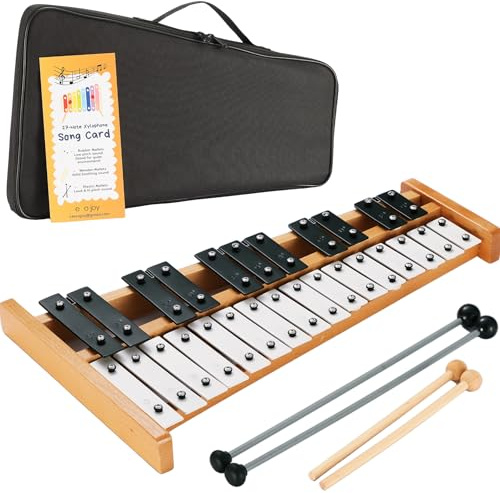 Eco Joy 27-Note Glockenspiel Percussion Instrument Set – Tuned Aluminum Bars with Wooden Frame, Adult & Student Practice Bell Kit with 4 Mallets and Carrying Case