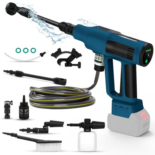 Nettoyeur haute pression sans fil compatible avec batterie Makita 18 V, 340 W, 4 vitesses, pistolet de nettoyage sans balais avec tuyau de 5 m, buse 6 en 1, filtre, pichet à mousse, buse rotative,