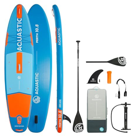AQUASTIC Planche de stand up paddle Perth 10'8 Allround - Planche de SUP gonflable avec siège montable, aileron coulissant de 25,4 cm, sac à dos - Idéal pour les débutants et les pagayeurs de loisirs