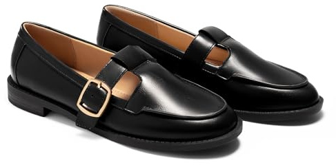 Coutgo Womens Slip On Loafers T-Strap Closed Round Toe Flats Comfortable Work Business Dress Shoes, Black, Size 7