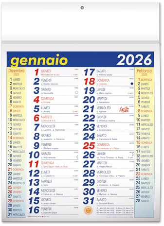 Calendario 2026 Olandese Listellato, 5 pezzi, con Santi, Festività, Fasi Lunari, Mesi Adiacenti, 31x45 cm c10