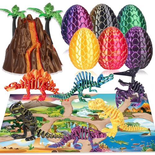 OKYUK Juego de juguetes de dinosaurios impresos en 3D, figuras de dinosaurios de colores, decoración de cumpleaños de dinosaurio 10 en 1, juguete de dinosaurio de huevo a partir de 4, 5, 6, 7, 8, 9
