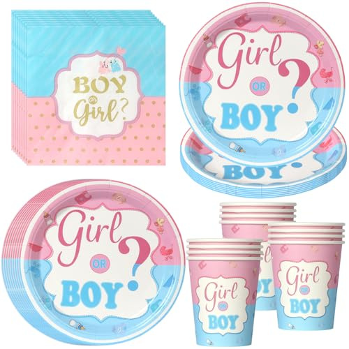 PYAILI Set 52 pezzi Gender Reveal Piatti, bicchieri e tovaglioli in rosa e blu per baby shower, per 16 ospiti