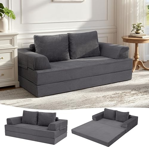 MeMoreCool Boneless Sofa Bett aus Cord – Boden Schlafsofa Convertible Futon mit Kissen, Bequeme Schaumstoff-Matratze, Vielseitige Lounge Cloud Couch für Wohnzimmer & Schlafzimmer, Dunkelgrau