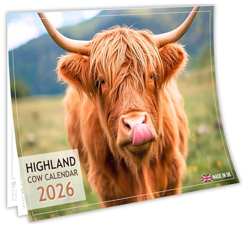 Highland Cow Calendar 2026 – A4 Wall Calendar A3 When Open, Adorable Highland Cow Photography, Premium 150gsm Silk Paper, Home or Office Calendar, UK Bank Holidays, Made & Designed in the UK