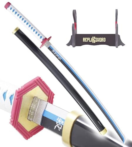 Demon Slayer Katana Tout en Bois Lame en Bois Giyu Tomioka Epee Replique Decoration Kimetsu No Yaiba Sabre Cosplay + Presentoir en Bois Inclus Kendo