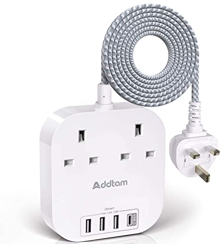 Extension Lead, Power Strips with 2 Way Outlets 4 (4.5A, 2 Type C and 2 USB-A Port) Surge Protection Plug Extension Socket with 1.6M Braided cord for Home Office