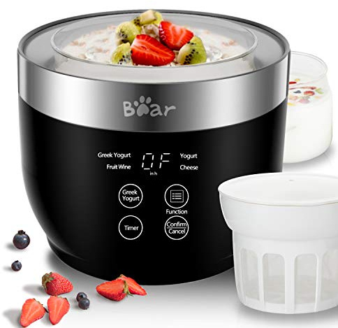 Bear Yogurt Maker, Greek Yogurt Maker Machine with Strainer and Timer Control, Stainless Steel Inner Pot, Automatic Digital with 2 Glass Jars 1 Quart for Home Organic Yogurt, Cheese, Fruit Wine
