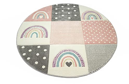 Teppich-Traum Kinderzimmer Teppich Spielteppich Regenbogen Punkte Herzchen rosa grau Creme Größe 120 cm rund
