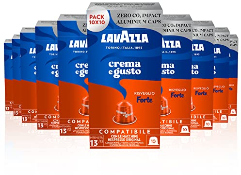 Lavazza, Crema e Gusto Forte, 100 Cápsulas de Café Compatibles con Máquinas Nespresso Original, con Notas de Madera y Cacao, Arábica y Robusta, Intensidad 13/13, Tueste Oscuro, Amazon Exclusive