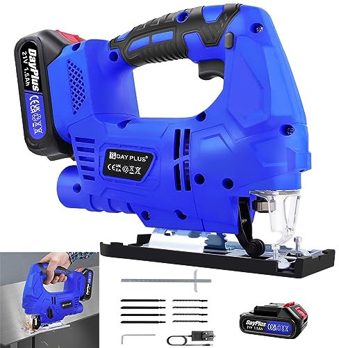 Electric Jigsaw Tool Cordless Jigsaw Lightweight Jigsaw Wood Cutter with 1.5AH Li-Ion Battery & Fast Charger, 4 Orbital Sets, ±45°Bevel Cutting Angle Power Jigsaw for Wood Metal PVC, LED Light