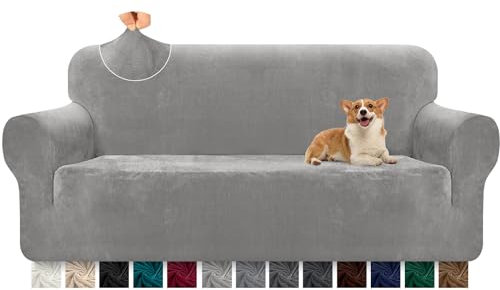 Granbest Premium Thicken Plush Velvet Sofa Cover 3 Seater High Stretch Couch Cover Super Soft Sofa Slipcover Luxury Furniture Protector for Pets and Kids (3 Seater, Light Grey)