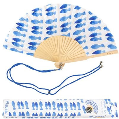 Fisura – Éventail Original avec Motif de Poissons. Éventail en Bois Moderne et coloré. Éventail Bleu et Blanc. Éventail avec Cordon pour éventail. Dimensions : 42,5 x 23 cm., AHP2410150