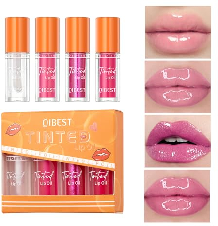 4PCS Tinted Lip Oil Light Lip Gloss Set, Moisturizing Jelly Lip Gloss, Long Lasting Shimmer Liquid Lipsticks for Girls and Women (Set A)