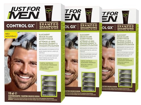 Just For Men Control GX Shampoo und Haarfarbe für Männer, Reduziert graues Haar bei jedem Waschen, Mit Kokosöl und Aloe Vera, Für alle Haarfarben, 118 ml (3x 118 ml)