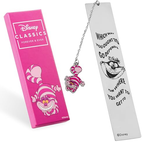 Disney Stitch Segnalibro Metallo con Scatola e Pendente Accessori per Lettori Simpatico Regalo Donna Maestra Amica Ragazza Bambini (Argento Cheshire Cat)