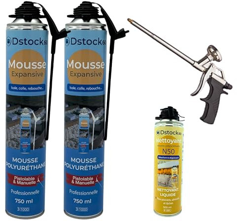 DSTOCK60 - Pack de 2 mousses expansives manuelles et pistolables 750 ML + 1 Nettoyant Mousse + 1 Pistolet - Mousse polyuréthane Professionnelle - Isole, Colle et rebouche - Extérieur et intérieur
