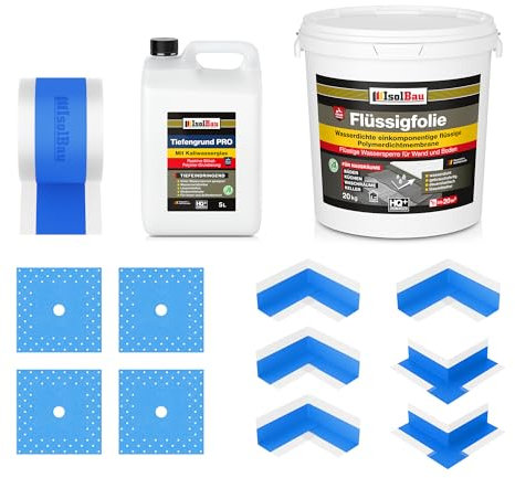 Isolbau Kit d'étanchéité avec 1 film liquide (20 kg), 1 fond de profondeur PRO (5 l), 1 bande d'étanchéité (20 m), 4 coins intérieurs, 2 coins extérieurs et 4 manchettes