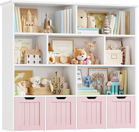 FOREHILL Kids Toy Storage Unit Childrens Bookcase Toy Organiser Kids Bookshelf, 7 Open Shelves, 4 Drawers with Wheels, for Nursery Playroom Pink+White 125.5x33x118cm