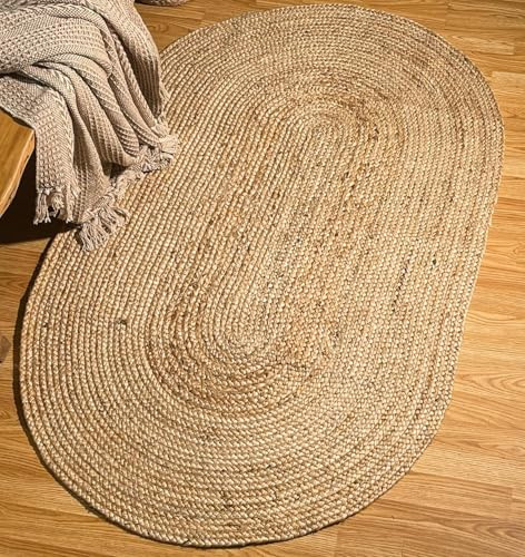 The Home Talk Jute Braided Boho Oval Throw Rug 91 x 152 cm(3x5 ft), Natural Jute, Artisanal Bohemian Handcrafted Home Décor, Perfect for Kitchens, Study, dorms, Living Rooms, Bedroom or Dining Room