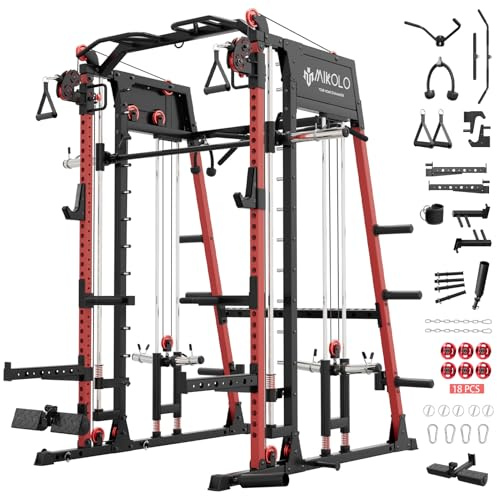 Mikolo Smith Machine, 2200lbs Squat Rack with LAT-Pull Down System & Cable Crossover Machine, Multi-Function Power Cage, Red
