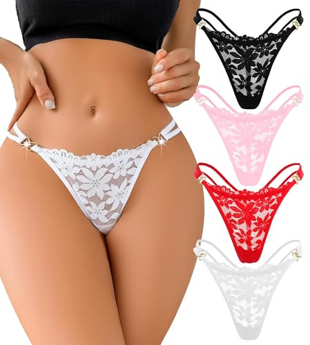FULLJOYLOVE String pour Femmes Dentelle Culotte Française Sexy Ceinture Drill t Dos Extensible Culotte String Hipster Bikini Slips 4 Pack