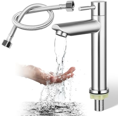 Grifo de agua fría de acero inoxidable cepillado, grifo de lavabo con manguera de 23,62 pulgadas de largo grifo solo agua fría, para grifo de baño, baño, cocina