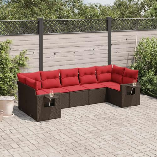 Ensemble de 7 canapés de jardin en polyrotin marron avec tables d'appoint pliantes, résistant aux UV, groupe de sièges d'extérieur modulaires pour terrasse et balcon, meubles de jardin confortables