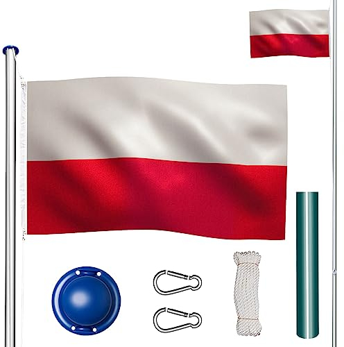 tectake® Mat de Drapeau Téléscopique en Aluminium - Hauteur Réglable Max. 625 cm Avec Douille au Sol et Corde - Pour Évènements Sportifs Football Rugby - 16 Pays au Choix - Pologne