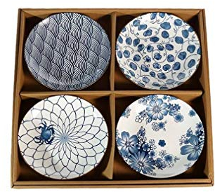 lachineuse - Coffret 4 Assiettes Japonaises - Asiettes Creuses ⌀ 17,5 cm au Style Asiatique - Coloris Bleu & Blanc - Vaisselle Japonaise Traditionnelle Zen - Idée Cadeau Japon - Design Vagues Fleurs