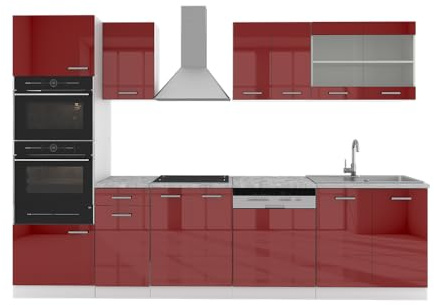Vicco Küchenzeile R-Line, Rot Hochglanz, 300 cm mit Hochschrank, ohne Arbeitsplatte, mit variabel anordenbaren Modulen und höhenverstellbaren Füßen