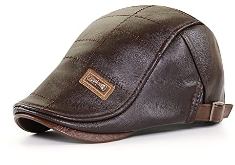 CHENNUO Leder Kappe Herren Winter PU-Leder Schiebermütze Flatcap Schirmmütze (Dunkelbraun)