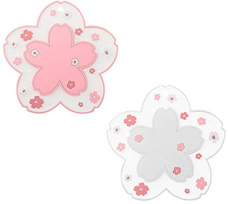 Binoster Sakura Coffee Cup Mat Kawaii Coaster 2PCS Cute Cherry Blossom PVC Home Tea Mug Pink Flower Pattern Anti-Skid Pot Bowl Pad Placemat for Desk Drink Table Cute Room Decor Kawaii Accessories