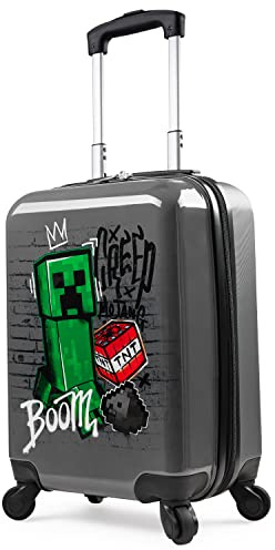 Minecraft Suitcase Kids Teens Creeper Hard Shell Luggage Travel Case 4 Wheels Handle Travel Essentials Holiday School Trips (Grey, S/L49cm x W33cm - 30L)