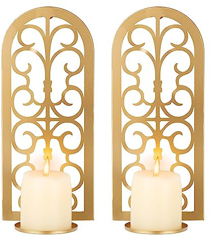 Sziqiqi Metal Candle Sconces Hanging Wall Candle Holders Set of 2, Vintage Wall Mounted Sconces for Tea Light Pillar Candles Wall Art Decor for Living Room Bedroom Fireplace Bathroom, Gold