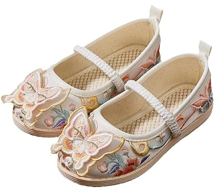 kkdom Girls Handmade Hanfu Shoes Children Chinese Traditional Embroidered Shoes Baby Antique Costume Performance Ballet Flats Toddler Girl Beige Butterfly US Size 10